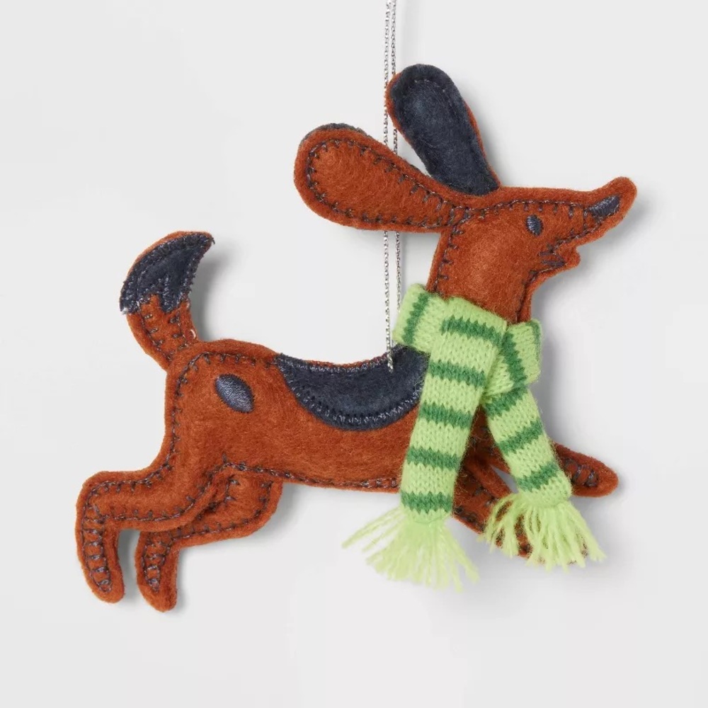 Fabric Hound Dog with Green Scarf Christmas Tree Ornament Brown nwt